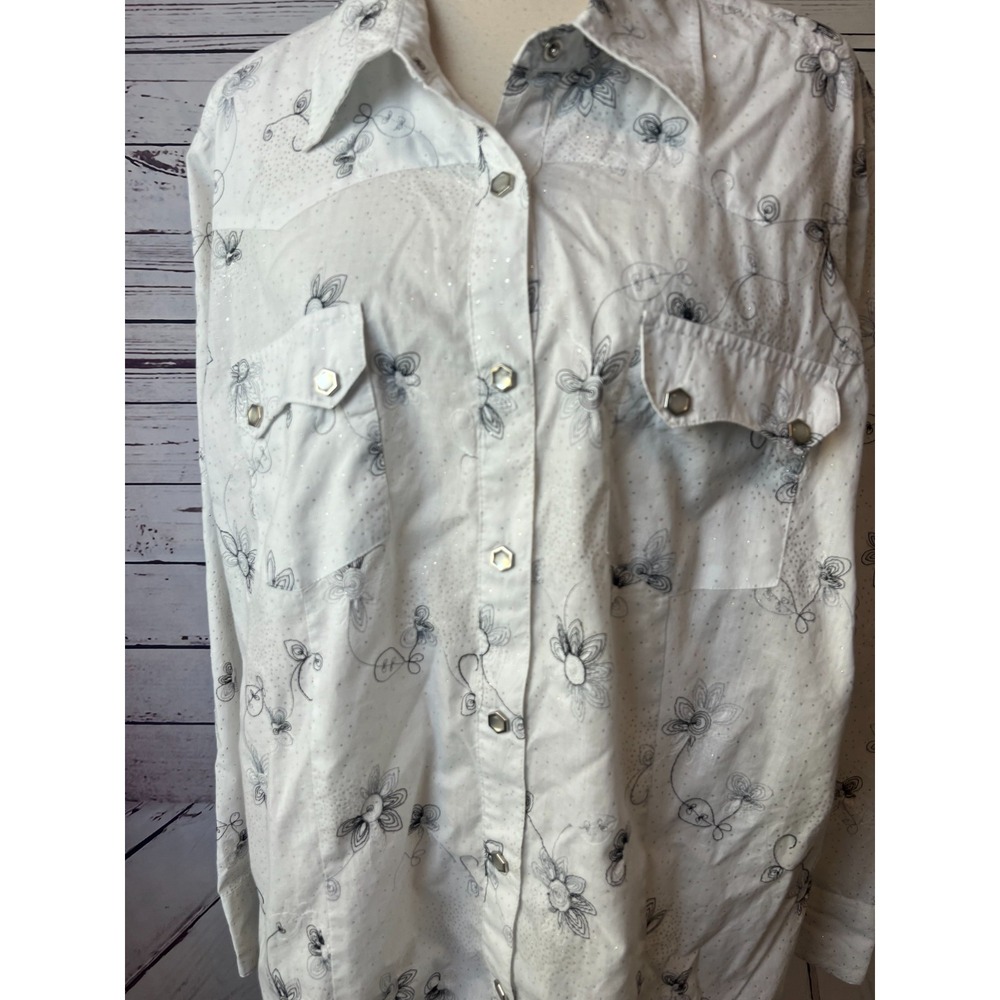 Roper Plus size 1X Western Shirt White Pearl Snap‎ Rodeo Long Sleeve Rhinestones